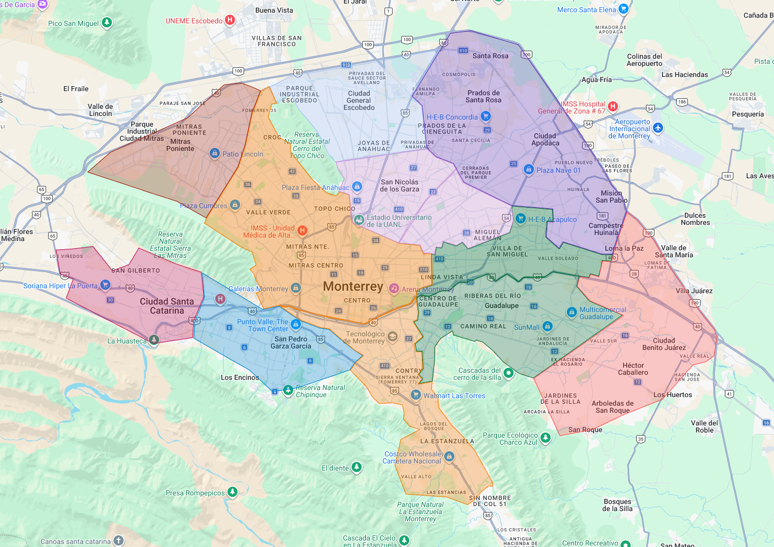 Mapa de cobertura de envío local en Monterrey por 90 pesos
